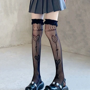 Женские кружевные носки выше колена в стиле Лолиты, Прозрачные носки до бедра с проушиной, Милые чулки с оборками