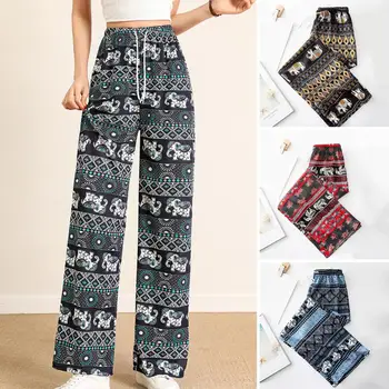Женские брюки в этническом стиле с высокой талией, эластичный пояс, брюки с завязками, прямые широкие брюки с принтом слона в стиле ретро, спортивные брюки