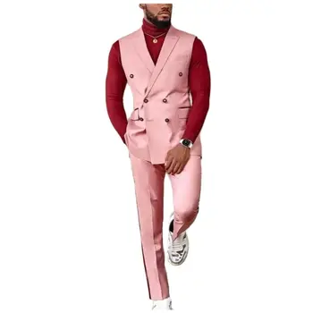 Розовые мужские костюмы с вырезами на лацканах, двубортный жилет, брюки, 2 предмета, свадебный приталенный смокинг для жениха, блейзер Terno Masculino для выпускного вечера, сшитый на заказ