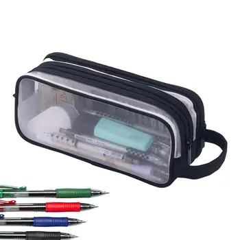 Сетчатый пенал большой емкости, прозрачная стационарная косметичка, сумка для ручек с 2 отделениями, прозрачный ручной многофункциональный карандаш