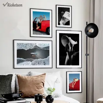 Картина на холсте с изображением девушки в красной машине в шляпе Черно-белые плакаты и принты в скандинавском стиле для домашнего декора гостиной