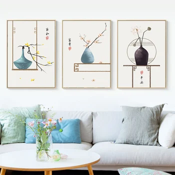 Плакат в традиционном китайском стиле, ваза для цветов, настенное искусство, холст, живопись, минималистский принт, настенные панно для гостиной, домашний декор