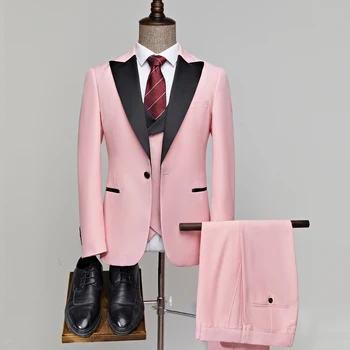 Новый мужской комплект свадебных мужских костюмов цвета Розовый Небесно-голубой, Темно-синий, хаки, Смокинг жениха, Формальный Черный блейзер, Жилет, брюки, 3шт.