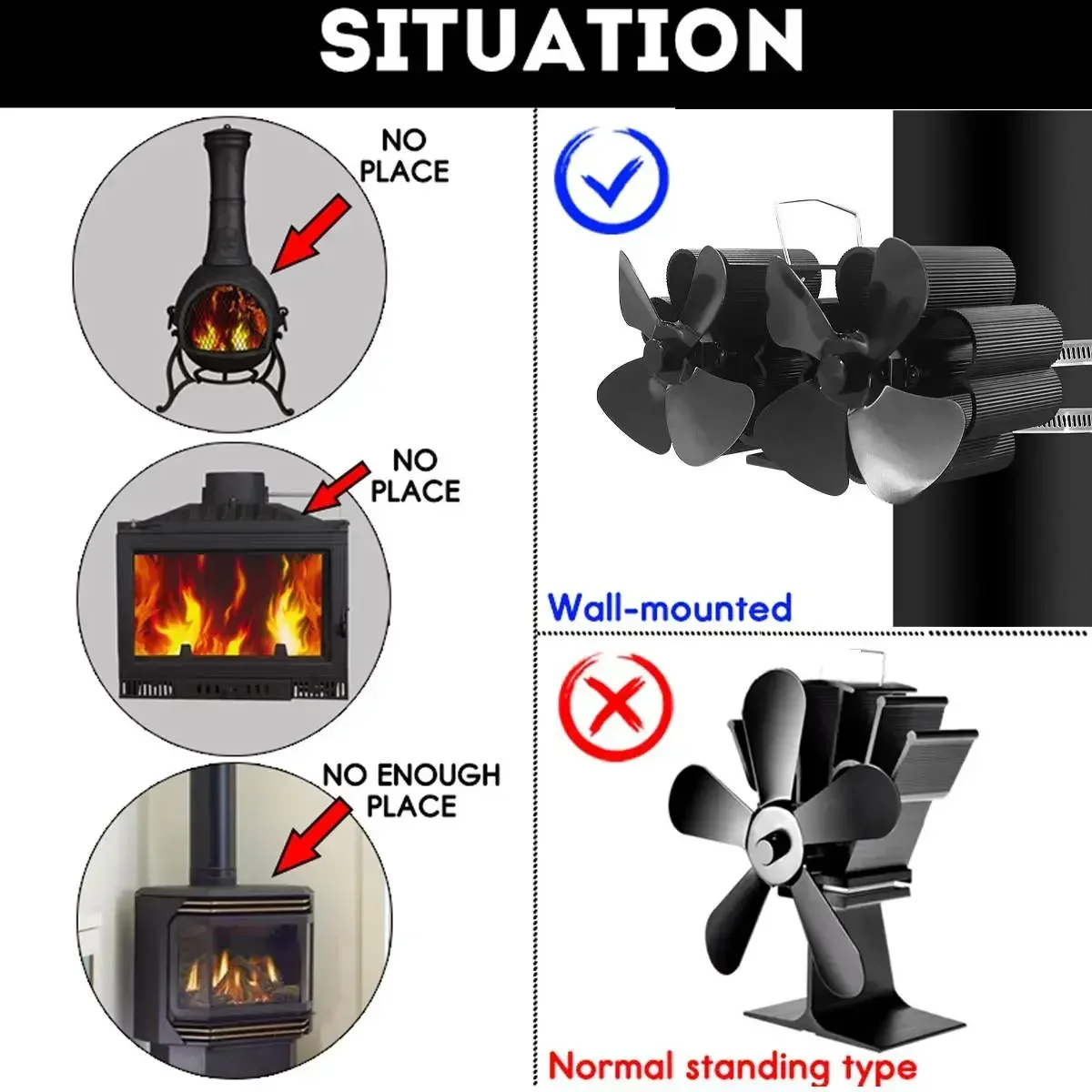 Настенный 8 Лопастей, черный вентилятор для камина, работающий на тепловой энергии, Дровяная горелка, вентилятор для домашнего камина, эффективное распределение тепла
